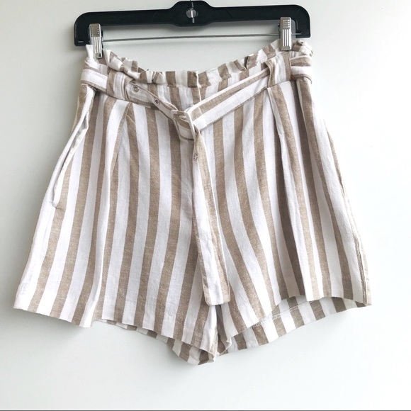 stradivarius Pants - Stradivarius Paperbag Waist Striped Linen Shorts 8